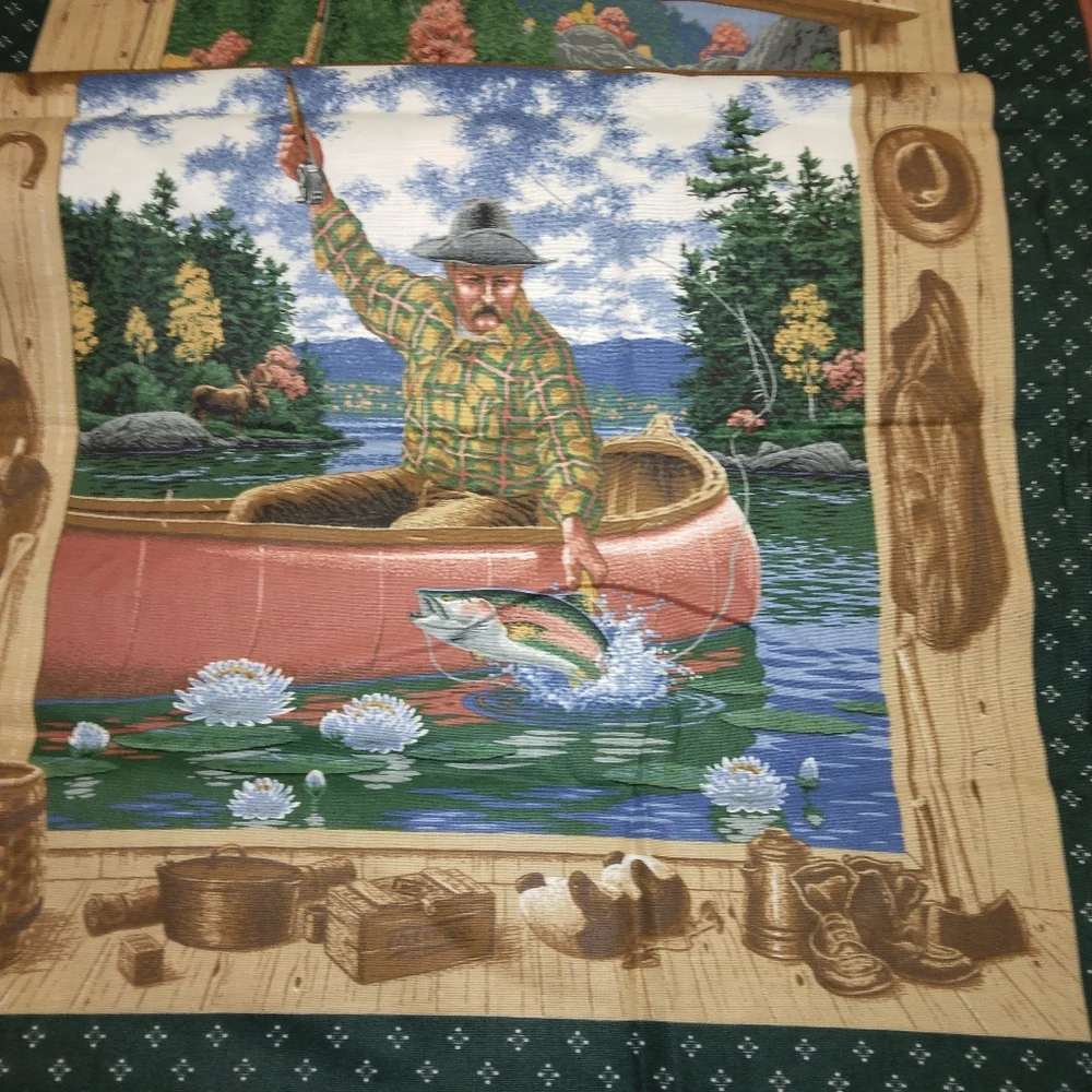 FABRIC PILLOW PANELS with border, fishing scenes by Joan Messmore